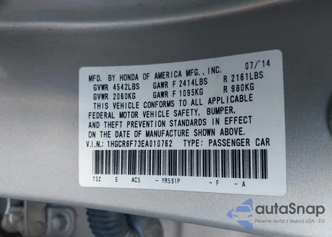 2014 Honda Accord Hybrid Touring из США, поврежденный, VIN 1HGCR6F73EA010762